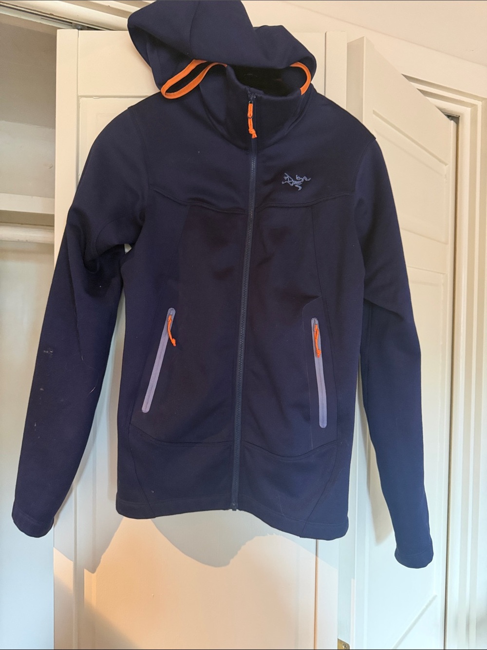 Arc'teryx Navy Hooded Softshell Jacket with Orange Trim
